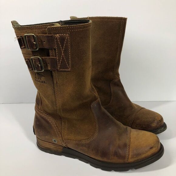 Sorel Major Pull On Boots Tan Brown Leather Mid Calf Buckle Moto 6.5 Nl2166-242 - Picture 6 of 12